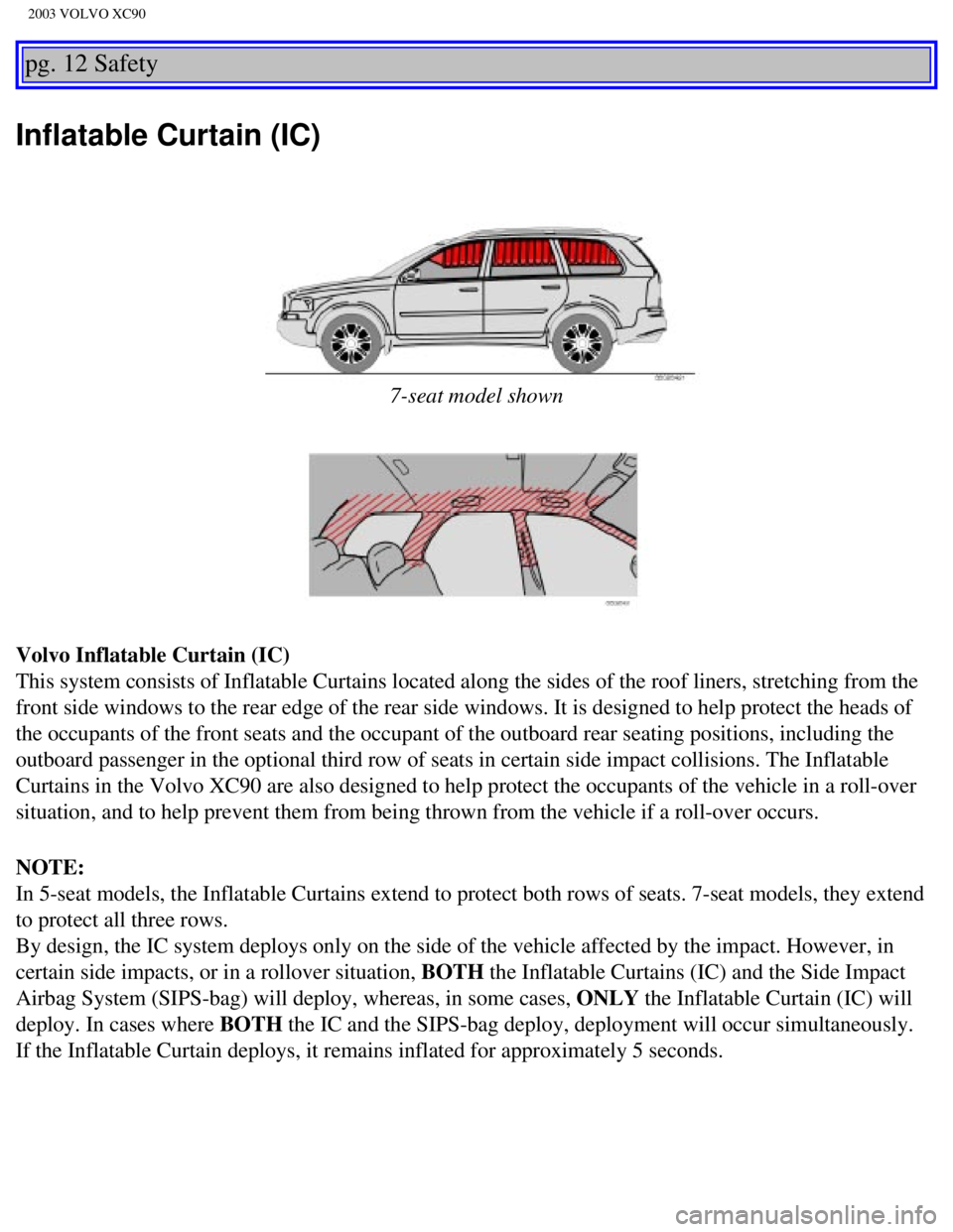 VOLVO XC90 2003 Owners Manual
2003 VOLVO XC90
pg. 12 Safety
Inflatable Curtain (IC)
7-seat model shown
Volvo Inflatable Curtain (IC)
This system consists of Inflatable Curtains located along the sides of t\
he roof liners, s VOLVO XC90 2003 Owners Manual
2003 VOLVO XC90
pg. 12 Safety
Inflatable Curtain (IC)
7-seat model shown
Volvo Inflatable Curtain (IC)
This system consists of Inflatable Curtains located along the sides of t\
he roof liners, s
