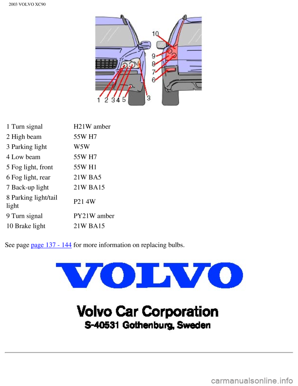 VOLVO XC90 2003 Owners Manual
2003 VOLVO XC90
1 Turn signal H21W amber
2 High beam 55W H7
3 Parking light W5W
4 Low beam 55W H7
5 Fog light, front 55W H1
6 Fog light, rear 21W BA5
7 Back-up light 21W BA15
8 Parking light/ta VOLVO XC90 2003 Owners Manual
2003 VOLVO XC90
1 Turn signal H21W amber
2 High beam 55W H7
3 Parking light W5W
4 Low beam 55W H7
5 Fog light, front 55W H1
6 Fog light, rear 21W BA5
7 Back-up light 21W BA15
8 Parking light/ta