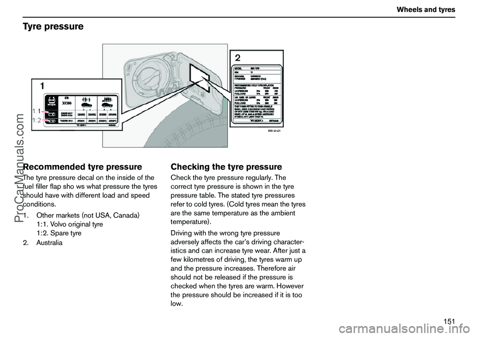 VOLVO XC90 2006 Owners Manual 151 Wheelsandtyres
TyrepressureRecommendedtyrepressureThetyrepressuredecalontheinsideofthe
fuelfillerflapshowswhatpressurethetyres
shouldhavewithdifferentloadandspeed
conditions.
1.Othermarkets(notUSA VOLVO XC90 2006 Owners Manual 151 Wheelsandtyres
TyrepressureRecommendedtyrepressureThetyrepressuredecalontheinsideofthe
fuelfillerflapshowswhatpressurethetyres
shouldhavewithdifferentloadandspeed
conditions.
1.Othermarkets(notUSA