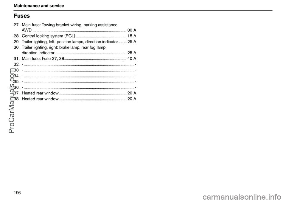 VOLVO XC90 2006 Owners Manual 196 MaintenanceandserviceFuses27.Mainfuse:Towingbracketwiring,parkingassistance,
AWD..............................................................................................30A
28.Centrallockings VOLVO XC90 2006 Owners Manual 196 MaintenanceandserviceFuses27.Mainfuse:Towingbracketwiring,parkingassistance,
AWD..............................................................................................30A
28.Centrallockings