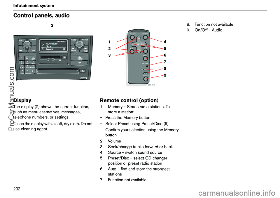 VOLVO XC90 2006 Owners Manual 202 InfotainmentsystemControlpanels,audioDisplayThedisplay(2)showsthecurrentfunction,
suchasmenualternatives,messages,
telephonenumbers,orsettings.
Cleanthedisplaywithasoft,drycloth.Donot
usecleaninga VOLVO XC90 2006 Owners Manual 202 InfotainmentsystemControlpanels,audioDisplayThedisplay(2)showsthecurrentfunction,
suchasmenualternatives,messages,
telephonenumbers,orsettings.
Cleanthedisplaywithasoft,drycloth.Donot
usecleaninga