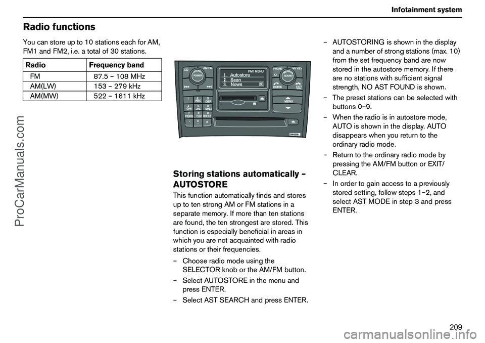 VOLVO XC90 2006 Owners Manual 209 Infotainmentsystem
RadiofunctionsYoucanstoreupto10stationseachforAM,
FM1andFM2,i.e.atotalof30stations.
Storingstationsautomatically–
AUTOSTOREThisfunctionautomaticallyfindsandstores
uptotenstron VOLVO XC90 2006 Owners Manual 209 Infotainmentsystem
RadiofunctionsYoucanstoreupto10stationseachforAM,
FM1andFM2,i.e.atotalof30stations.
Storingstationsautomatically–
AUTOSTOREThisfunctionautomaticallyfindsandstores
uptotenstron