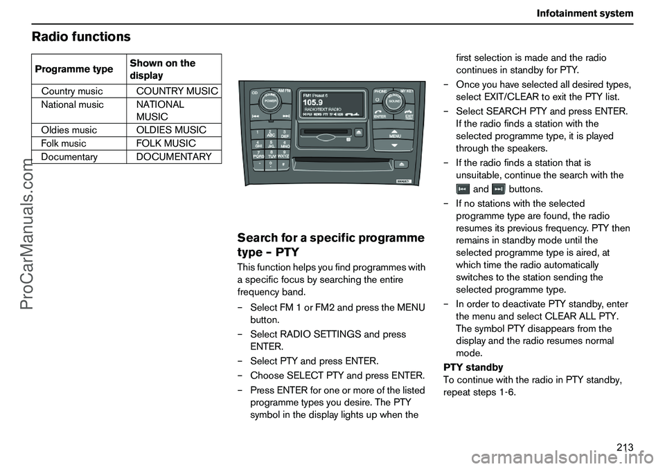 VOLVO XC90 2006  Owners Manual 213 Infotainmentsystem
Radiofunctions
Searchforaspecificprogramme
type–PTYThisfunctionhelpsyoufindprogrammeswith
aspecificfocusbysearchingtheentire
frequencyband.
–SelectFM1orFM2andpresstheMENU
bu