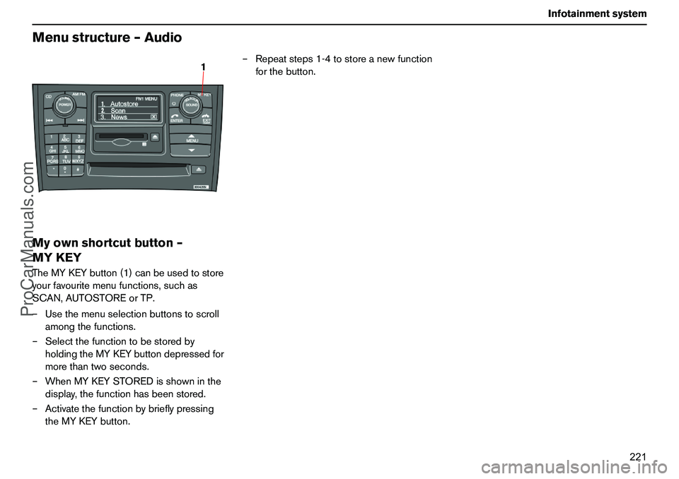 VOLVO XC90 2006  Owners Manual 221 Infotainmentsystem
Menustructure–AudioMyownshortcutbutton–
MYKEYTheMYKEYbutton(1)canbeusedtostore
yourfavouritemenufunctions,suchas
SCAN,AUTOSTOREorTP.
–Usethemenuselectionbuttonstoscroll
am