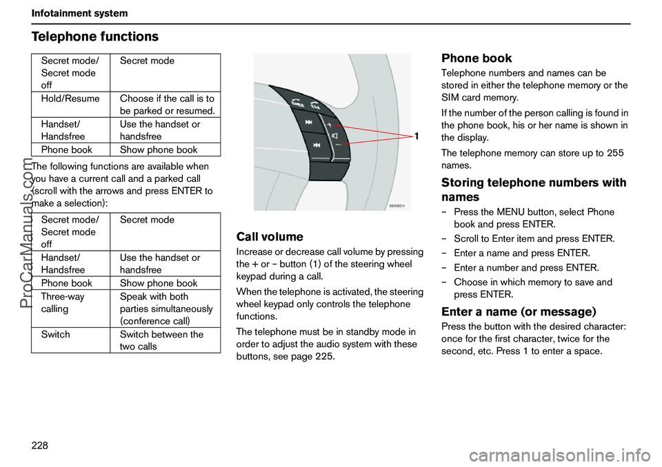 VOLVO XC90 2006  Owners Manual 228 InfotainmentsystemTelephonefunctionsThefollowingfunctionsareavailablewhen
youhaveacurrentcallandaparkedcall
(scrollwiththearrowsandpressENTERto
makeaselection):
CallvolumeIncreaseordecreasecallvol