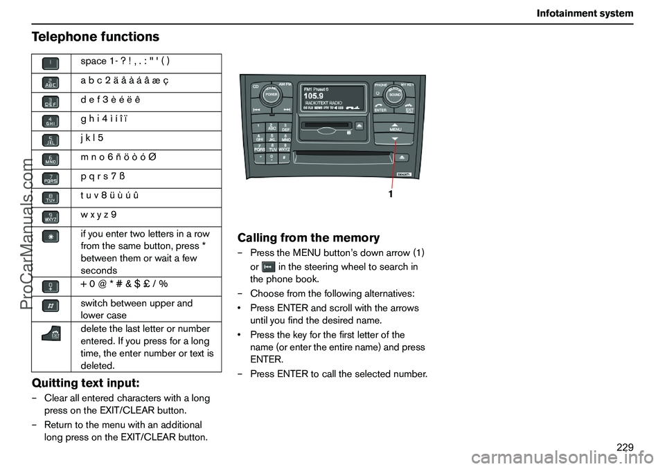 VOLVO XC90 2006  Owners Manual 229 Infotainmentsystem
TelephonefunctionsQuittingtextinput:–Clearallenteredcharacterswithalong
pressontheEXIT/CLEARbutton.
–Returntothemenuwithanadditional
longpressontheEXIT/CLEARbutton.
Callingf