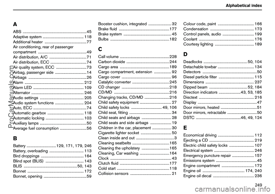 VOLVO XC90 2006  Owners Manual 249 Alphabeticalindex
AABS...................................................................45
Adaptivesystem...........................................118
Additionalheater...........................