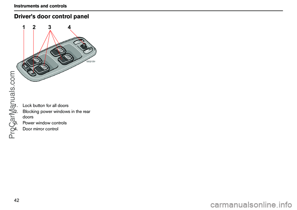 VOLVO XC90 2006 Service Manual 42 InstrumentsandcontrolsDriver’sdoorcontrolpanel1.Lockbuttonforalldoors
2.Blockingpowerwindowsintherear
doors
3.Powerwindowcontrols
4.Doormirrorcontrol
1234
ProCarManuals.com VOLVO XC90 2006 Service Manual 42 InstrumentsandcontrolsDriver’sdoorcontrolpanel1.Lockbuttonforalldoors
2.Blockingpowerwindowsintherear
doors
3.Powerwindowcontrols
4.Doormirrorcontrol
1234
ProCarManuals.com