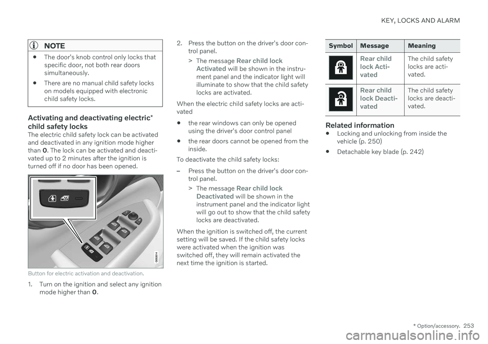 VOLVO S60 TWIN ENGINE 2020 Owners Manual KEY, LOCKS AND ALARM
* Option/accessory.253
NOTE
The door's knob control only locks that specific door, not both rear doorssimultaneously.
There are no manual child safety lockson models equipped VOLVO S60 TWIN ENGINE 2020 Owners Manual KEY, LOCKS AND ALARM
* Option/accessory.253
NOTE
The door's knob control only locks that specific door, not both rear doorssimultaneously.
There are no manual child safety lockson models equipped