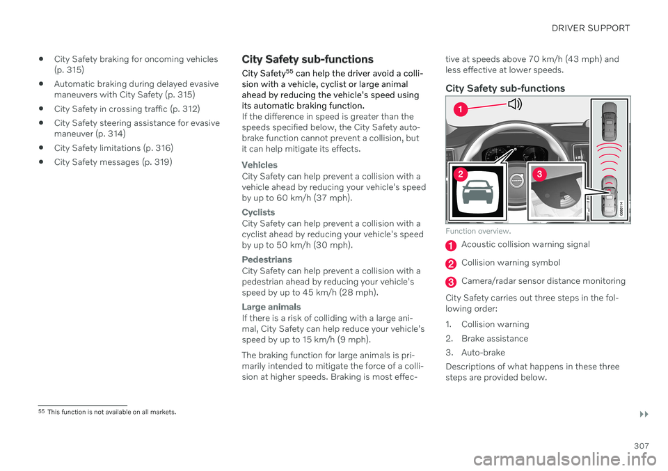 VOLVO S60 TWIN ENGINE 2020  Owners Manual DRIVER SUPPORT
}}
307

City Safety braking for oncoming vehicles (p. 315)
 Automatic braking during delayed evasivemaneuvers with City Safety (p. 315)
 City Safety in crossing traffic (p. 312)
 City S