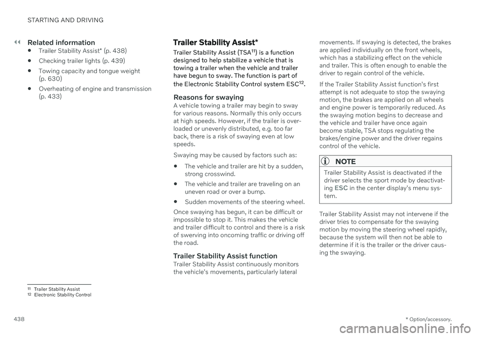 VOLVO S60 TWIN ENGINE 2020 User Guide ||
STARTING AND DRIVING
* Option/accessory.
438
Related information
Trailer Stability Assist
* (p. 438)
Checking trailer lights (p. 439)
Towing capacity and tongue weight (p. 630)
Overheating of e VOLVO S60 TWIN ENGINE 2020 User Guide ||
STARTING AND DRIVING
* Option/accessory.
438
Related information
Trailer Stability Assist
* (p. 438)
Checking trailer lights (p. 439)
Towing capacity and tongue weight (p. 630)
Overheating of e