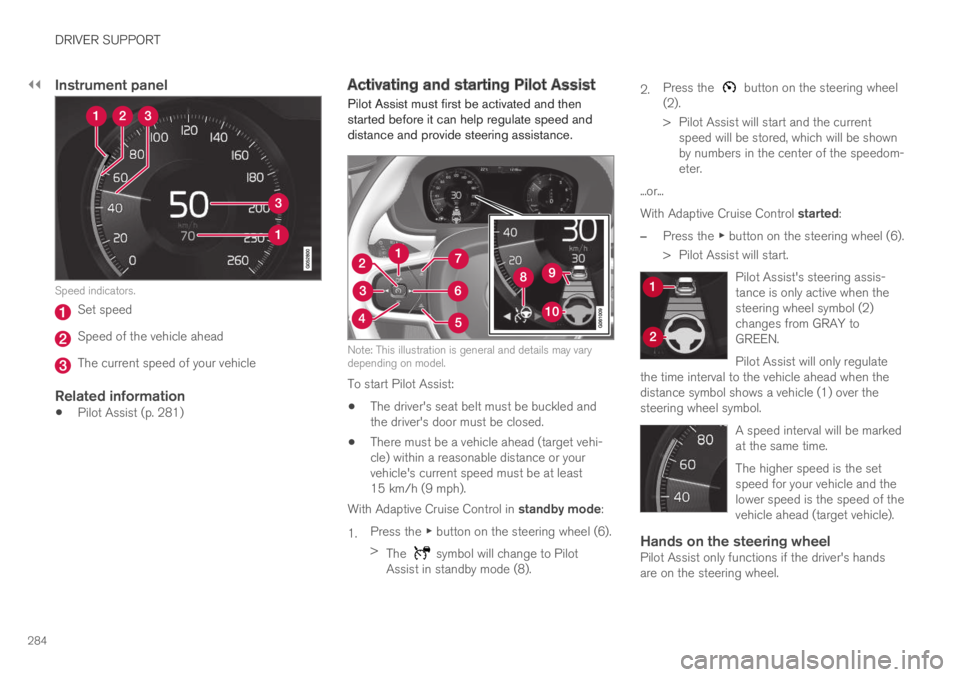 VOLVO S60 TWIN ENGINE 2019 Manual PDF ||
DRIVER SUPPORT
284
Instrument panel
Speed indicators.
Set speed
Speed of the vehicle ahead
The current speed of your vehicle
Related information
Pilot Assist (p. 281)
Activating and starting Pilo VOLVO S60 TWIN ENGINE 2019 Manual PDF ||
DRIVER SUPPORT
284
Instrument panel
Speed indicators.
Set speed
Speed of the vehicle ahead
The current speed of your vehicle
Related information
Pilot Assist (p. 281)
Activating and starting Pilo