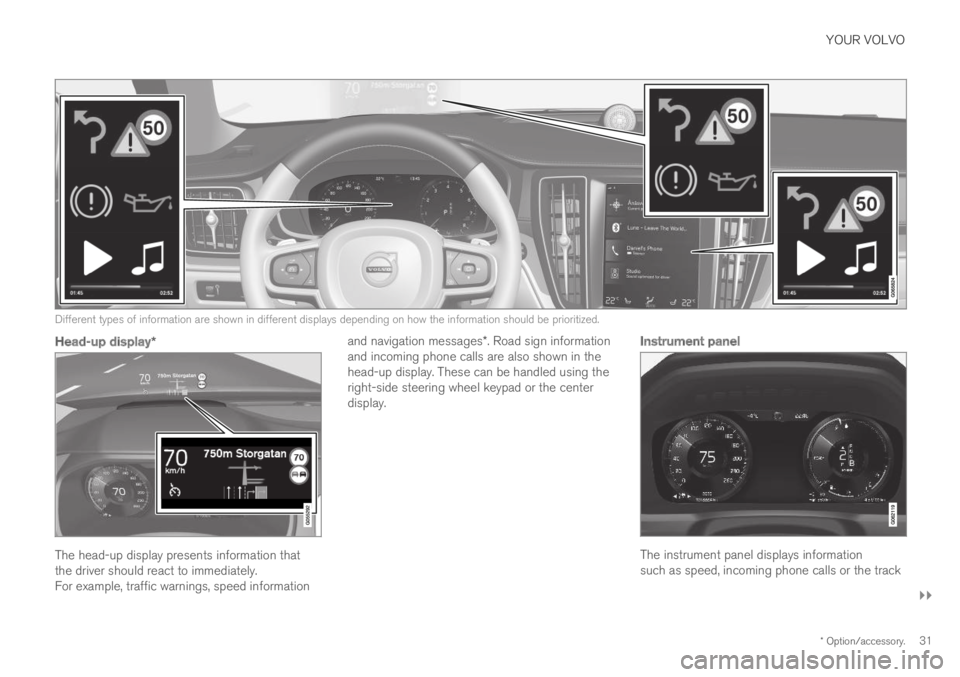 VOLVO S60 TWIN ENGINE 2019 Owners Manual YOUR VOLVO
}}
* Option/accessory.31
Different types of information are shown in different displays depending on how the information should be prioritized.
Head-up display *
The head-up display presen VOLVO S60 TWIN ENGINE 2019 Owners Manual YOUR VOLVO
}}
* Option/accessory.31
Different types of information are shown in different displays depending on how the information should be prioritized.
Head-up display *
The head-up display presen