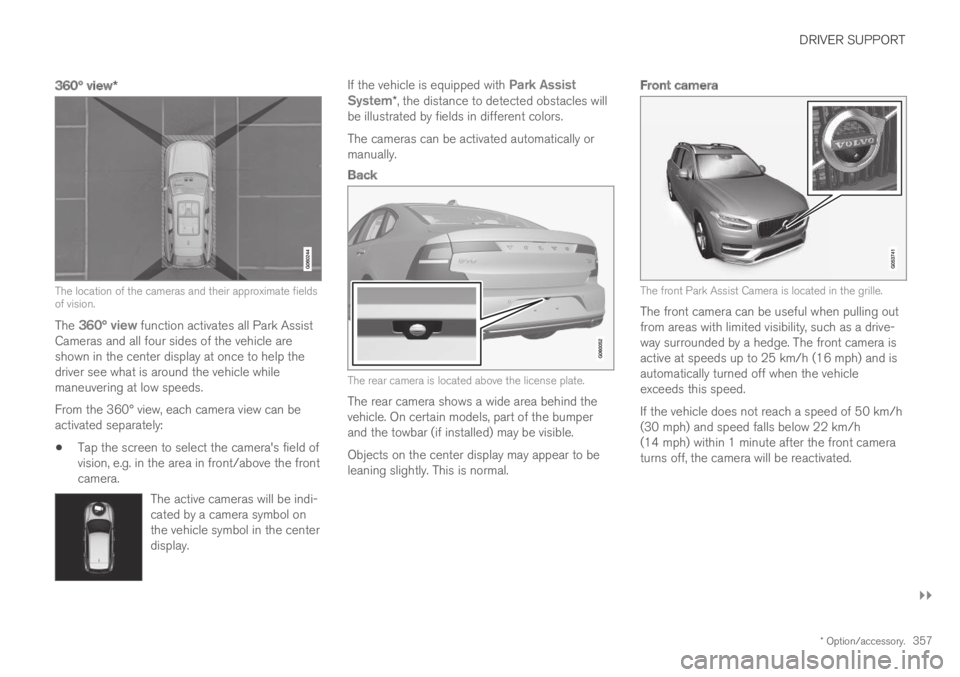 VOLVO S60 TWIN ENGINE 2019 Owners Manual DRIVER SUPPORT
}}
* Option/accessory.357
360° view *
The location of the cameras and their approximate fieldsof vision.
The 360° view function activates all Park AssistCameras and all four sides of VOLVO S60 TWIN ENGINE 2019 Owners Manual DRIVER SUPPORT
}}
* Option/accessory.357
360° view *
The location of the cameras and their approximate fieldsof vision.
The 360° view function activates all Park AssistCameras and all four sides of
