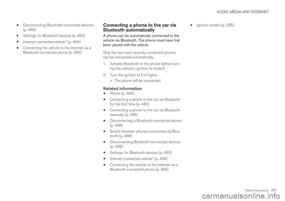 VOLVO S60 TWIN ENGINE 2019 User Guide AUDIO, MEDIA AND INTERNET
* Option/accessory.487
Disconnecting Bluetooth-connected devices(p. 489)
Settings for Bluetooth devices (p. 493)
Internet-connected vehicle* (p. 494)
Connecting the vehicle t VOLVO S60 TWIN ENGINE 2019 User Guide AUDIO, MEDIA AND INTERNET
* Option/accessory.487
Disconnecting Bluetooth-connected devices(p. 489)
Settings for Bluetooth devices (p. 493)
Internet-connected vehicle* (p. 494)
Connecting the vehicle t