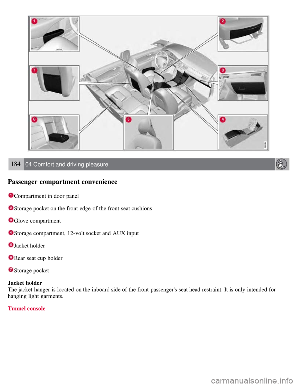 VOLVO S80 2008 Owners Manual 184 04 Comfort and driving pleasure
Passenger compartment convenience
Compartment in door panel
Storage pocket on the front edge of the front seat cushions
Glove compartment
Storage compartment, 1 VOLVO S80 2008 Owners Manual 184 04 Comfort and driving pleasure
Passenger compartment convenience
Compartment in door panel
Storage pocket on the front edge of the front seat cushions
Glove compartment
Storage compartment, 1