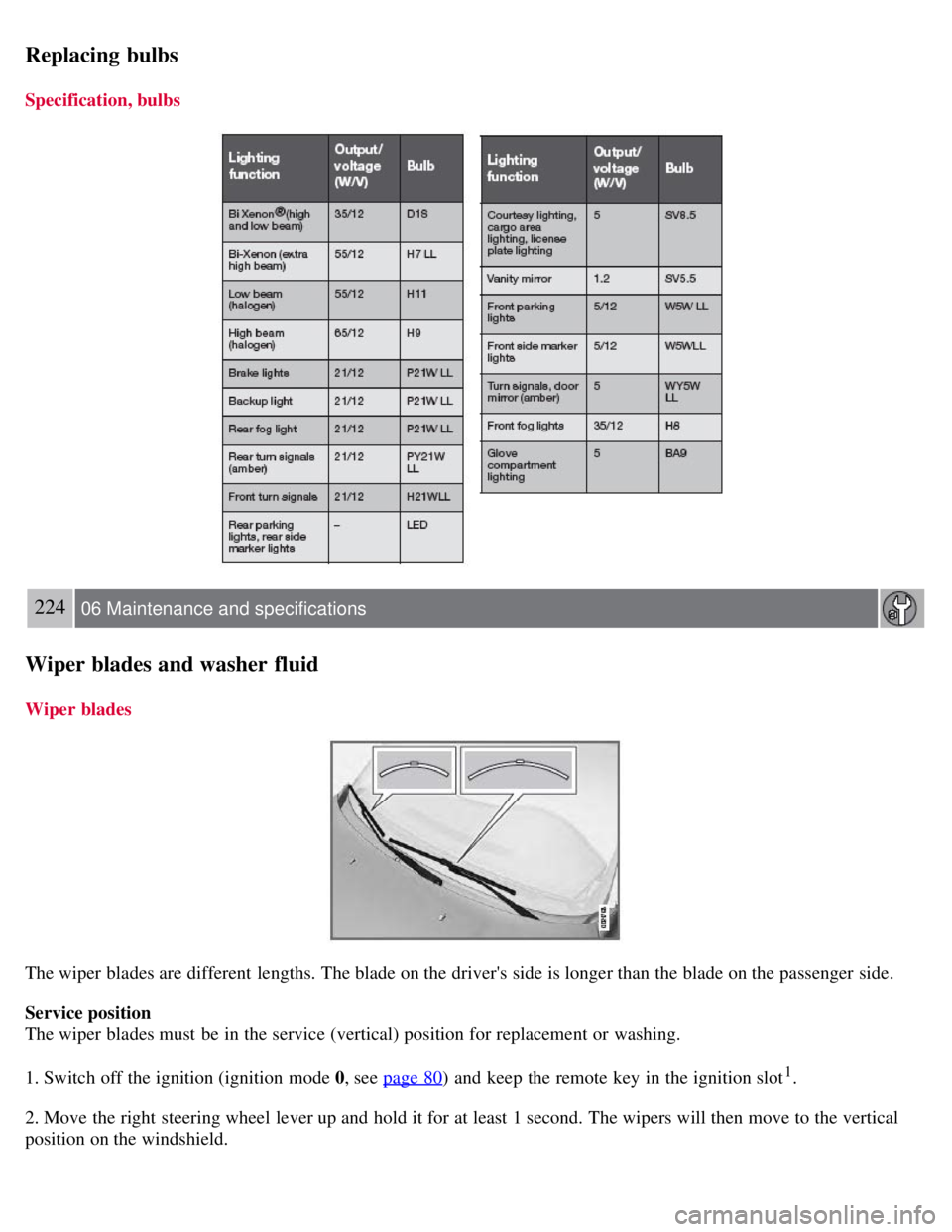 VOLVO S80 2008  Owners Manual Replacing bulbs
Specification, bulbs
224 06 Maintenance and specifications
Wiper blades and washer  fluid
Wiper blades
The wiper blades are different  lengths. The blade on the drivers side is longer