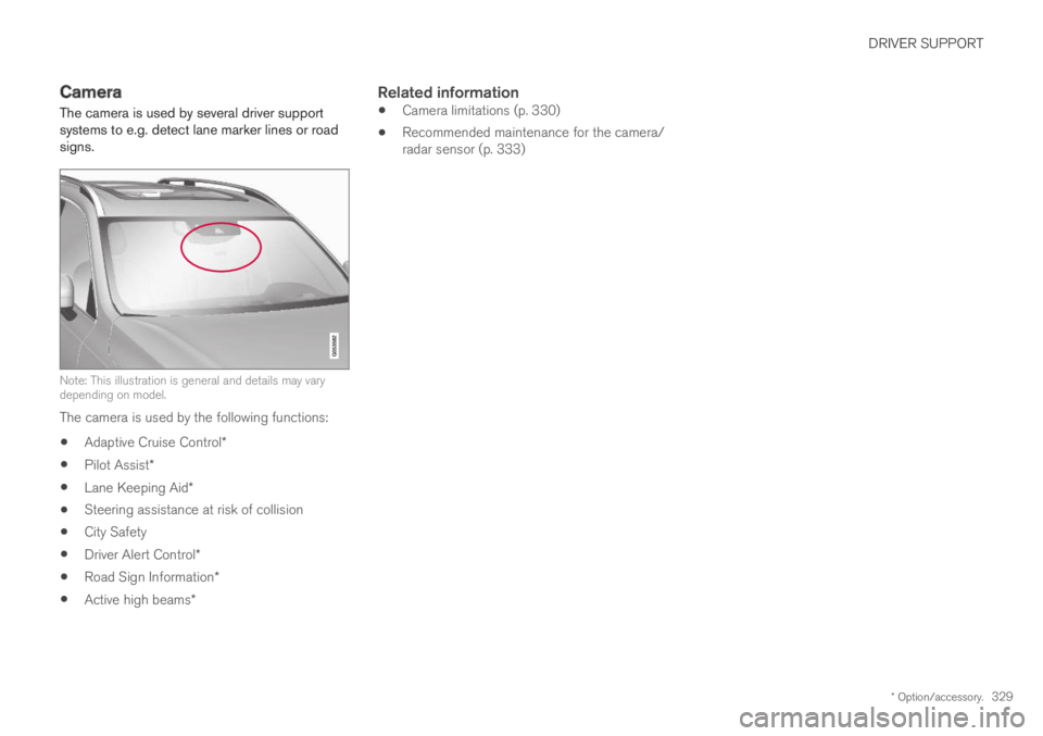 VOLVO S90 TWIN ENGINE 2019 Owners Manual DRIVER SUPPORT
* Option/accessory.329
Camera
The camera is used by several driver supportsystems to e.g. detect lane marker lines or roadsigns.
Note: This illustration is general and details may varyd VOLVO S90 TWIN ENGINE 2019 Owners Manual DRIVER SUPPORT
* Option/accessory.329
Camera
The camera is used by several driver supportsystems to e.g. detect lane marker lines or roadsigns.
Note: This illustration is general and details may varyd