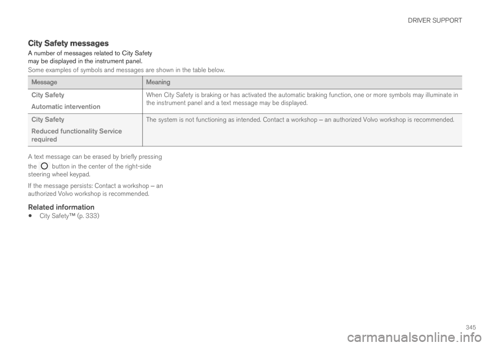 VOLVO S90 TWIN ENGINE 2019  Owners Manual DRIVER SUPPORT
345
City Safety messages
A number of messages related to City Safetymay be displayed in the instrument panel.
Some examples of symbols and messages are shown in the table below.
Message
