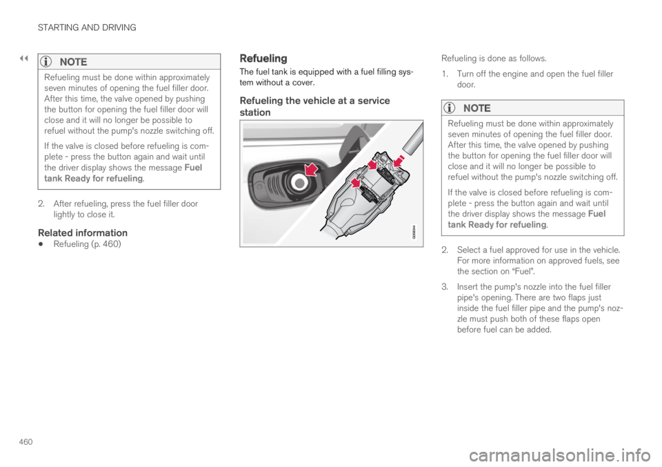 VOLVO S90 TWIN ENGINE 2019  Owners Manual ||
STARTING AND DRIVING
460

NOTE
Refueling must be done within approximatelyseven minutes of opening the fuel filler door.After this time, the valve opened by pushingthe button for opening the fuel f