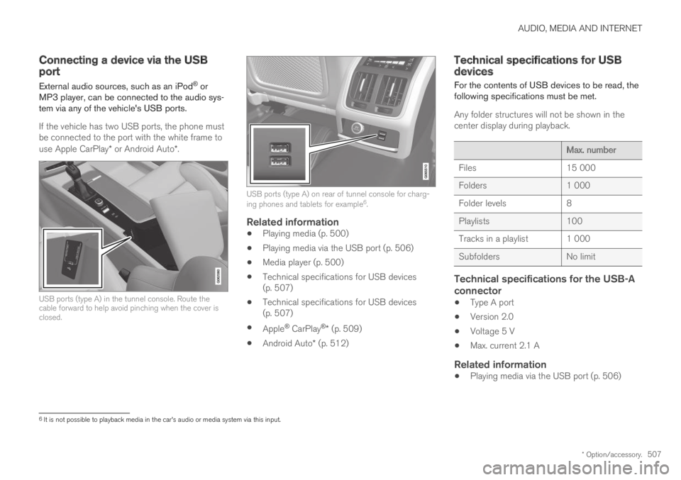 VOLVO S90 TWIN ENGINE 2019 Owners Manual AUDIO, MEDIA AND INTERNET
* Option/accessory.507
Connecting a device via the USBport
External audio sources, such as an iPod® orMP3 player, can be connected to the audio sys-tem via any of the vehicl VOLVO S90 TWIN ENGINE 2019 Owners Manual AUDIO, MEDIA AND INTERNET
* Option/accessory.507
Connecting a device via the USBport
External audio sources, such as an iPod® orMP3 player, can be connected to the audio sys-tem via any of the vehicl