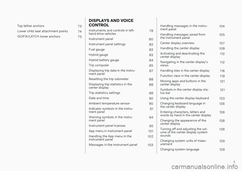 VOLVO S90 TWIN ENGINE 2020  Owners Manual 3
 
Top tether anchors73
Lower child seat attachment points 74
ISOFIX/LATCH lower anchors 75
DISPLAYS AND VOICE CONTROL
Instruments and controls in left- hand drive vehicles78
Instrument panel 80
Inst