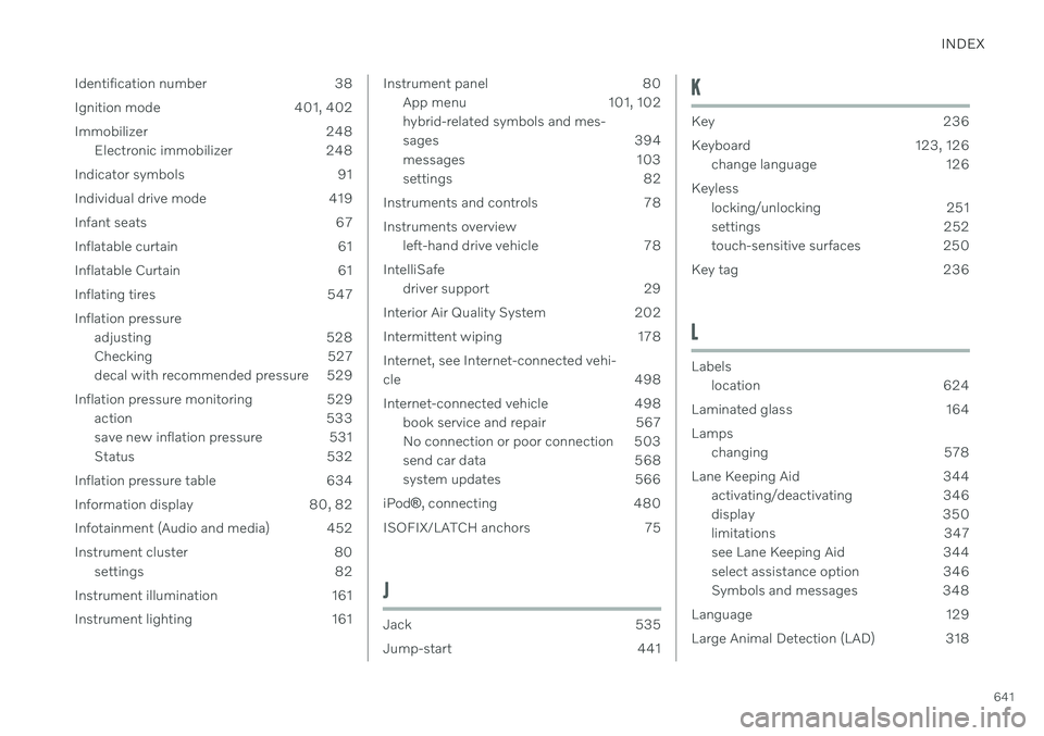 VOLVO S90 TWIN ENGINE 2020 User Guide INDEX
641
Identification number 38
Ignition mode 401, 402
Immobilizer 248
Electronic immobilizer 248
Indicator symbols 91
Individual drive mode 419
Infant seats 67
Inflatable curtain 61
Inflatable Cu VOLVO S90 TWIN ENGINE 2020 User Guide INDEX
641
Identification number 38
Ignition mode 401, 402
Immobilizer 248
Electronic immobilizer 248
Indicator symbols 91
Individual drive mode 419
Infant seats 67
Inflatable curtain 61
Inflatable Cu