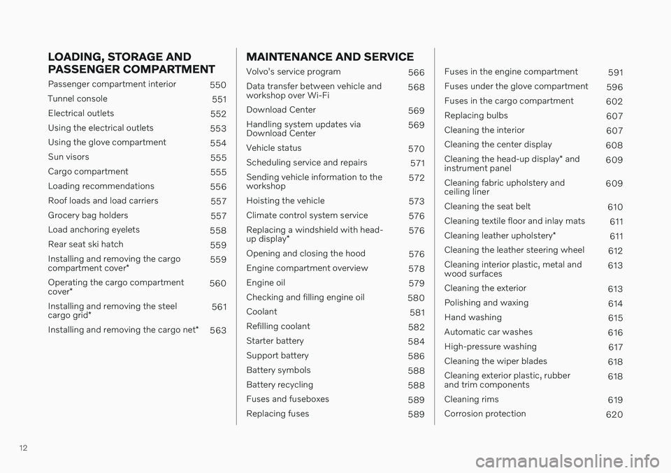 VOLVO V60 2021  Owners Manual 12
LOADING, STORAGE AND PASSENGER COMPARTMENT
Passenger compartment interior550
Tunnel console 551
Electrical outlets 552
Using the electrical outlets 553
Using the glove compartment 554
Sun visors 55