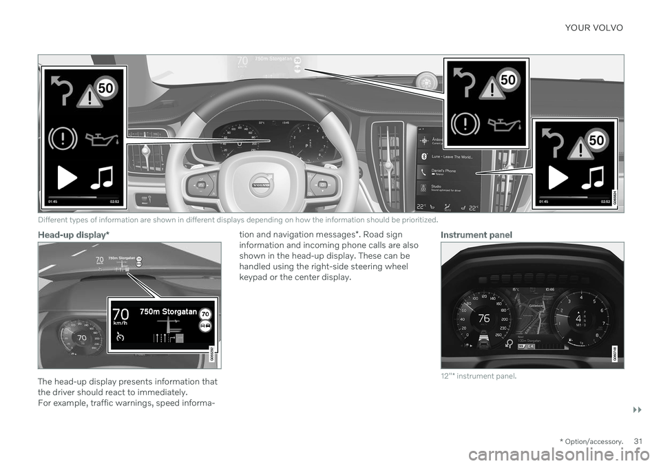 VOLVO V60 2021 Owners Guide YOUR VOLVO
}}
* Option/accessory.31
Different types of information are shown in different displays depending on how the information should be prioritized.
Head-up display*
The head-up display presents VOLVO V60 2021 Owners Guide YOUR VOLVO
}}
* Option/accessory.31
Different types of information are shown in different displays depending on how the information should be prioritized.
Head-up display*
The head-up display presents
