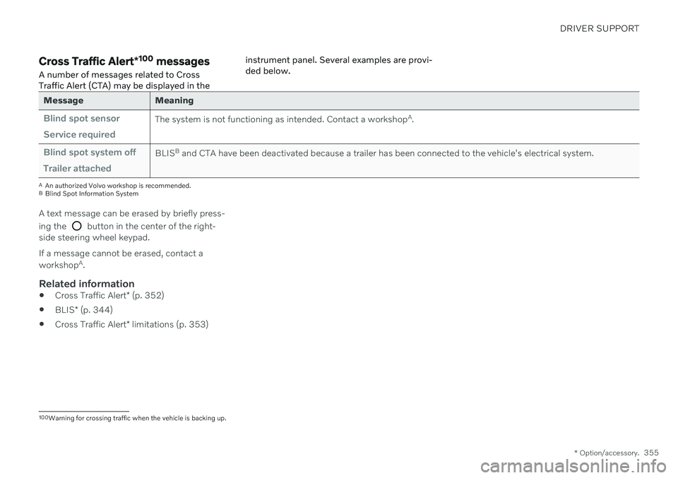 VOLVO V60 2021  Owners Manual DRIVER SUPPORT
* Option/accessory.355
Cross Traffic Alert *100
 messages
A number of messages related to Cross Traffic Alert (CTA) may be displayed in the instrument panel. Several examples are provi-