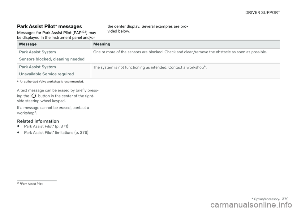 VOLVO V60 2021  Owners Manual DRIVER SUPPORT
* Option/accessory.379
Park Assist Pilot * messages
Messages for Park Assist Pilot (PAP 123
) may
be displayed in the instrument panel and/or the center display. Several examples are pr