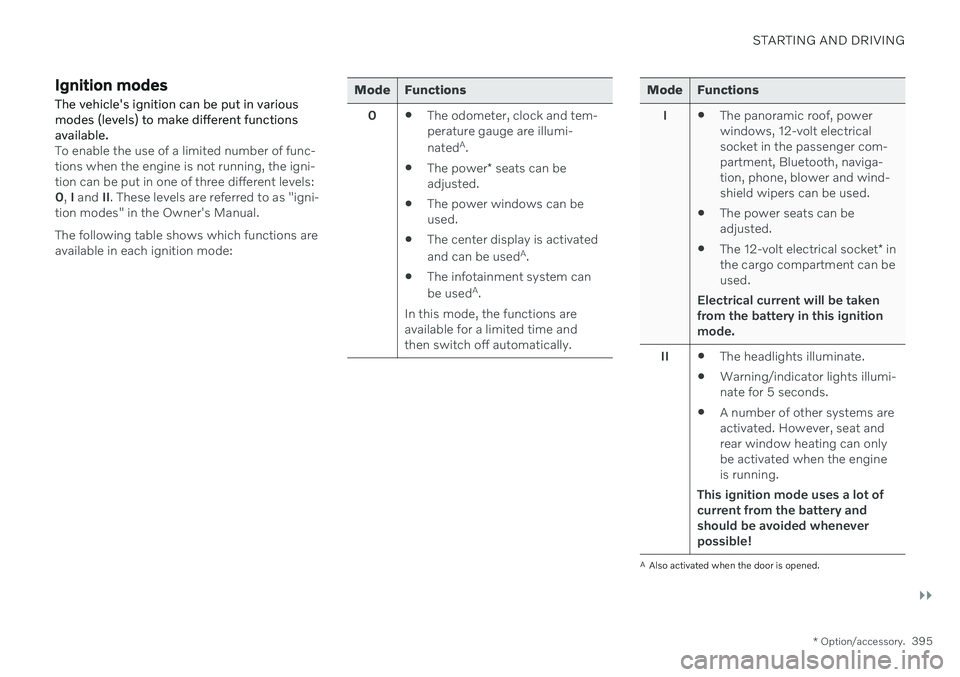 VOLVO V60 2021  Owners Manual STARTING AND DRIVING
}}
* Option/accessory.395
Ignition modes The vehicle's ignition can be put in various modes (levels) to make different functionsavailable.
To enable the use of a limited numbe