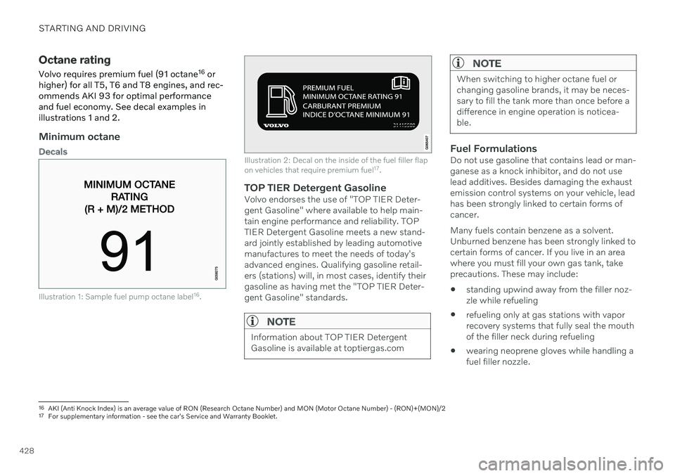 VOLVO V60 2021  Owners Manual STARTING AND DRIVING
428
Octane rating Volvo requires premium fuel (91 octane16
 or
higher) for all T5, T6 and T8 engines, and rec- ommends AKI 93 for optimal performanceand fuel economy. See decal ex