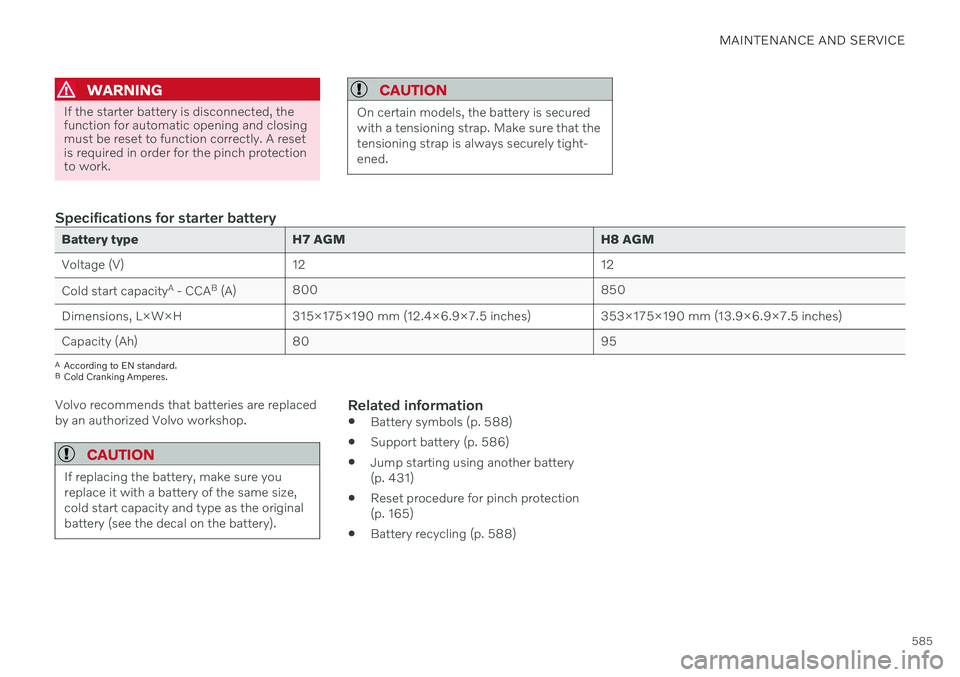 VOLVO V60 2021  Owners Manual MAINTENANCE AND SERVICE
585
WARNING
If the starter battery is disconnected, the function for automatic opening and closingmust be reset to function correctly. A resetis required in order for the pinch