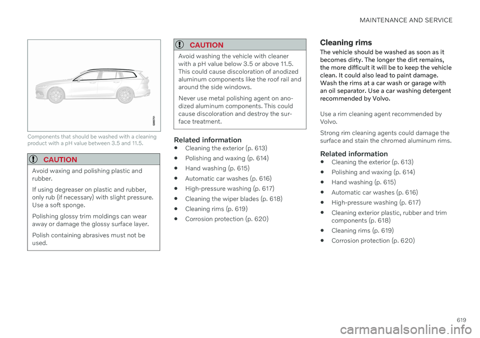 VOLVO V60 2021  Owners Manual MAINTENANCE AND SERVICE
619
Components that should be washed with a cleaning product with a pH value between 3.5 and 11.5.
CAUTION
Avoid waxing and polishing plastic and rubber. If using degreaser on 