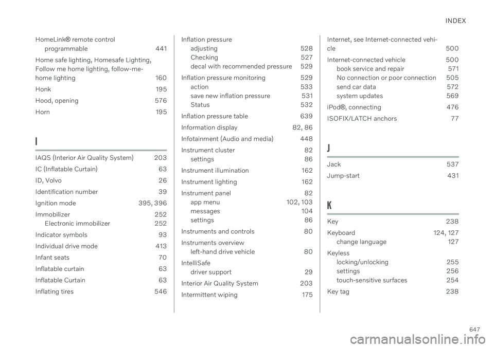 VOLVO V60 2021 Owners Manual INDEX
647
HomeLink
® remote control
programmable 441
Home safe lighting, Homesafe Lighting, Follow me home lighting, follow-me-
home lighting 160
Honk 195
Hood, opening 576
Horn 195
I
IAQS (Interi VOLVO V60 2021 Owners Manual INDEX
647
HomeLink
® remote control
programmable 441
Home safe lighting, Homesafe Lighting, Follow me home lighting, follow-me-
home lighting 160
Honk 195
Hood, opening 576
Horn 195
I
IAQS (Interi