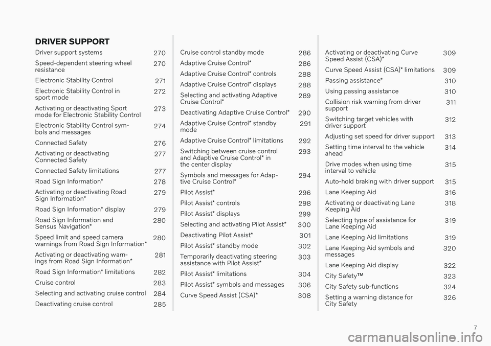 VOLVO V60 2021  Owners Manual 7
DRIVER SUPPORT
Driver support systems270
Speed-dependent steering wheel resistance 270
Electronic Stability Control 271
Electronic Stability Control insport mode 272
Activating or deactivating Sport