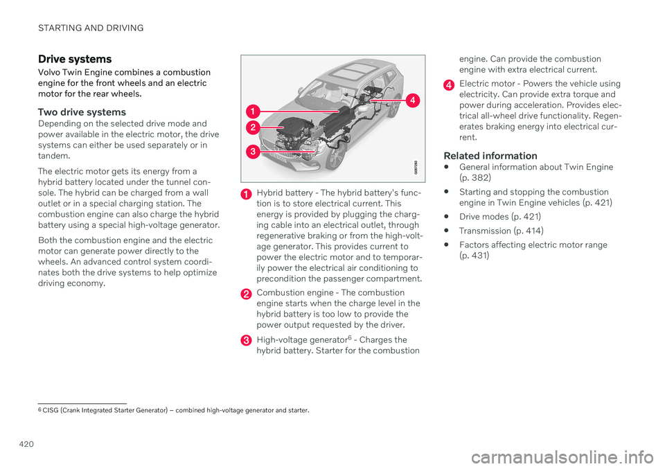 VOLVO V60 TWIN ENGINE 2020 Owners Manual STARTING AND DRIVING
420
Drive systemsVolvo Twin Engine combines a combustion engine for the front wheels and an electricmotor for the rear wheels.
Two drive systemsDepending on the selected drive mod VOLVO V60 TWIN ENGINE 2020 Owners Manual STARTING AND DRIVING
420
Drive systemsVolvo Twin Engine combines a combustion engine for the front wheels and an electricmotor for the rear wheels.
Two drive systemsDepending on the selected drive mod