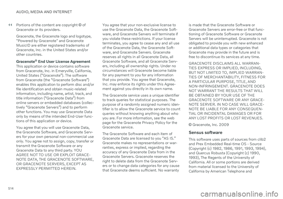 VOLVO V60 TWIN ENGINE 2020 Manual PDF ||
AUDIO, MEDIA AND INTERNET
514Portions of the content are copyright
© of
Gracenote or its providers. Gracenote, the Gracenote logo and logotype, "Powered by Gracenote" and GracenoteMusicID VOLVO V60 TWIN ENGINE 2020 Manual PDF ||
AUDIO, MEDIA AND INTERNET
514Portions of the content are copyright
© of
Gracenote or its providers. Gracenote, the Gracenote logo and logotype, "Powered by Gracenote" and GracenoteMusicID