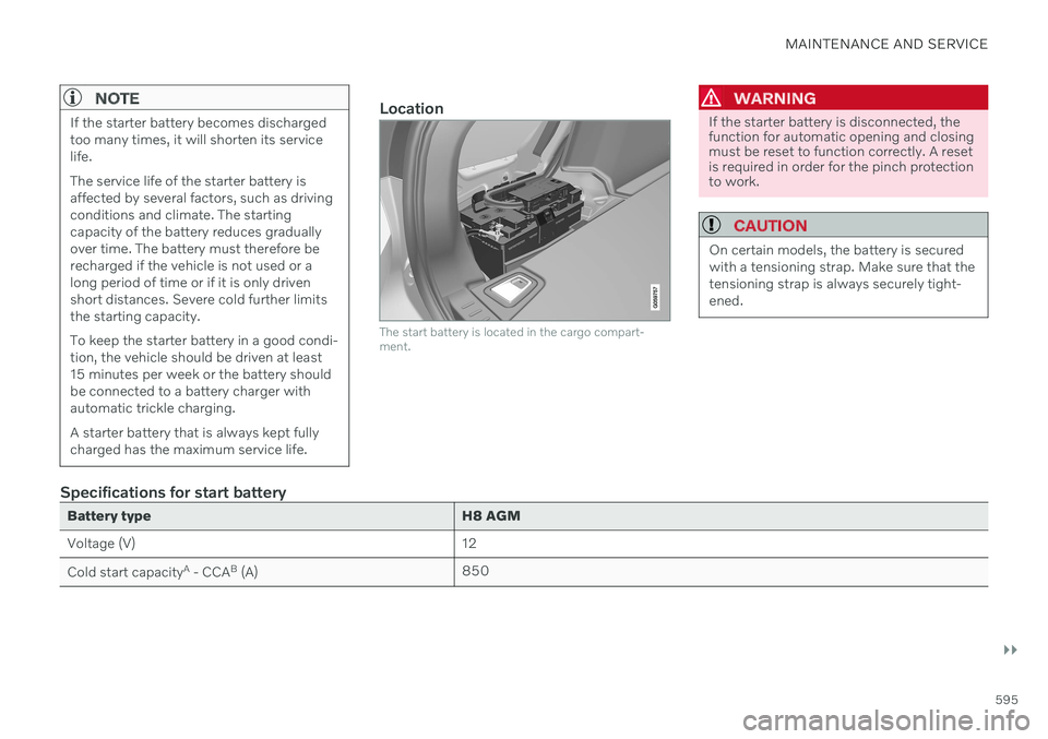 VOLVO V60 TWIN ENGINE 2020 Owners Manual MAINTENANCE AND SERVICE
}}
595
NOTE
If the starter battery becomes discharged too many times, it will shorten its servicelife. The service life of the starter battery is affected by several factors, s VOLVO V60 TWIN ENGINE 2020 Owners Manual MAINTENANCE AND SERVICE
}}
595
NOTE
If the starter battery becomes discharged too many times, it will shorten its servicelife. The service life of the starter battery is affected by several factors, s