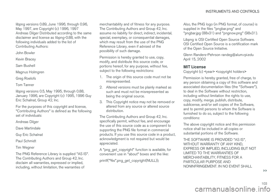 VOLVO V90 2017 Owners Manual INSTRUMENTS AND CONTROLS
}}
103
libpng versions 0.89, June 1996, through 0.96, May 1997, are Copyright (c) 1996, 1997Andreas Dilger Distributed according to the samedisclaimer and license as libpng-0. VOLVO V90 2017 Owners Manual INSTRUMENTS AND CONTROLS
}}
103
libpng versions 0.89, June 1996, through 0.96, May 1997, are Copyright (c) 1996, 1997Andreas Dilger Distributed according to the samedisclaimer and license as libpng-0.