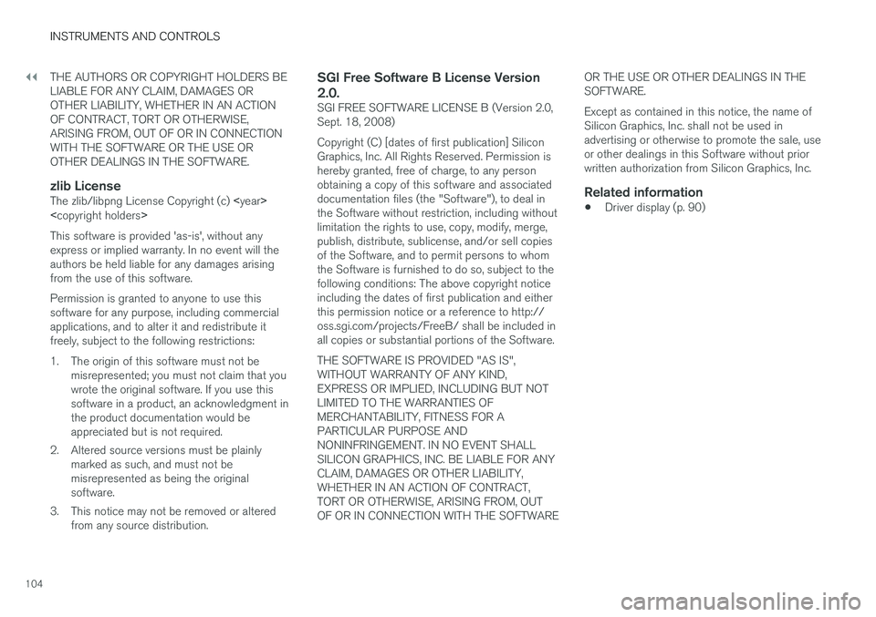 VOLVO V90 2017 Owners Manual ||
INSTRUMENTS AND CONTROLS
104THE AUTHORS OR COPYRIGHT HOLDERS BE LIABLE FOR ANY CLAIM, DAMAGES OROTHER LIABILITY, WHETHER IN AN ACTIONOF CONTRACT, TORT OR OTHERWISE,ARISING FROM, OUT OF OR IN CONNEC VOLVO V90 2017 Owners Manual ||
INSTRUMENTS AND CONTROLS
104THE AUTHORS OR COPYRIGHT HOLDERS BE LIABLE FOR ANY CLAIM, DAMAGES OROTHER LIABILITY, WHETHER IN AN ACTIONOF CONTRACT, TORT OR OTHERWISE,ARISING FROM, OUT OF OR IN CONNEC