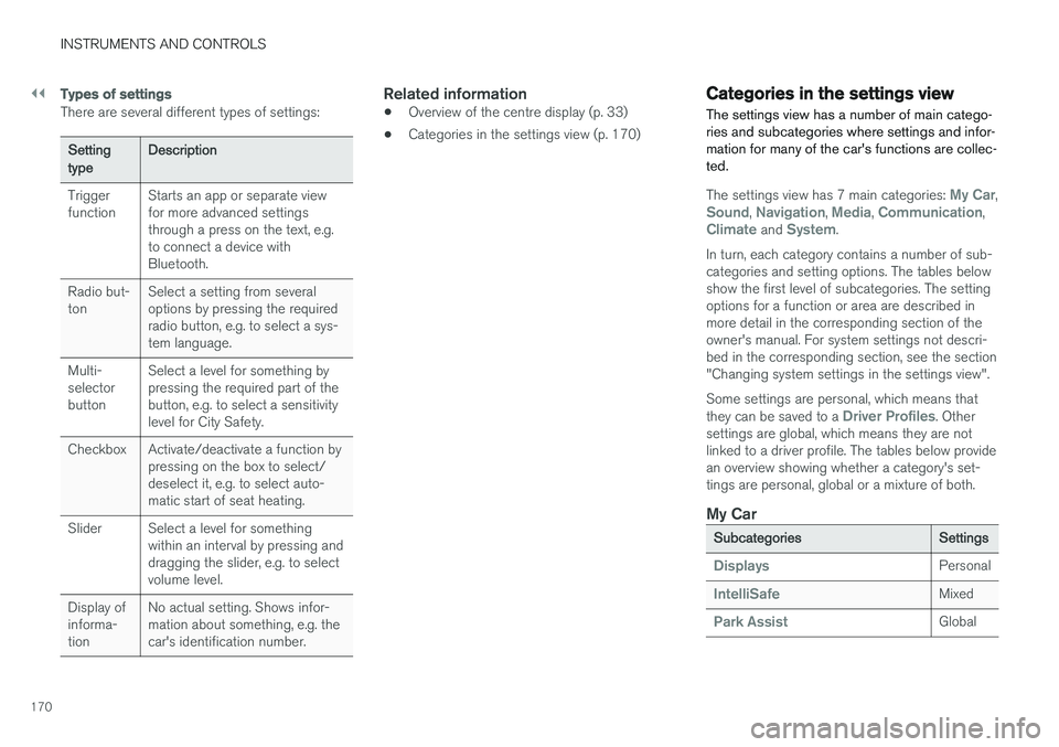 VOLVO V90 2017 Owners Manual ||
INSTRUMENTS AND CONTROLS
170
Types of settings
There are several different types of settings:
Setting typeDescription
Trigger function Starts an app or separate viewfor more advanced settingsthroug VOLVO V90 2017 Owners Manual ||
INSTRUMENTS AND CONTROLS
170
Types of settings
There are several different types of settings:
Setting typeDescription
Trigger function Starts an app or separate viewfor more advanced settingsthroug