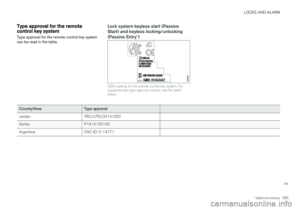 VOLVO V90 2017  Owners Manual LOCKS AND ALARM
}}
* Option/accessory.265
Type approval for the remote control key system
Type approval for the remote control key system can be read in the table.Lock system keyless start (Passive St