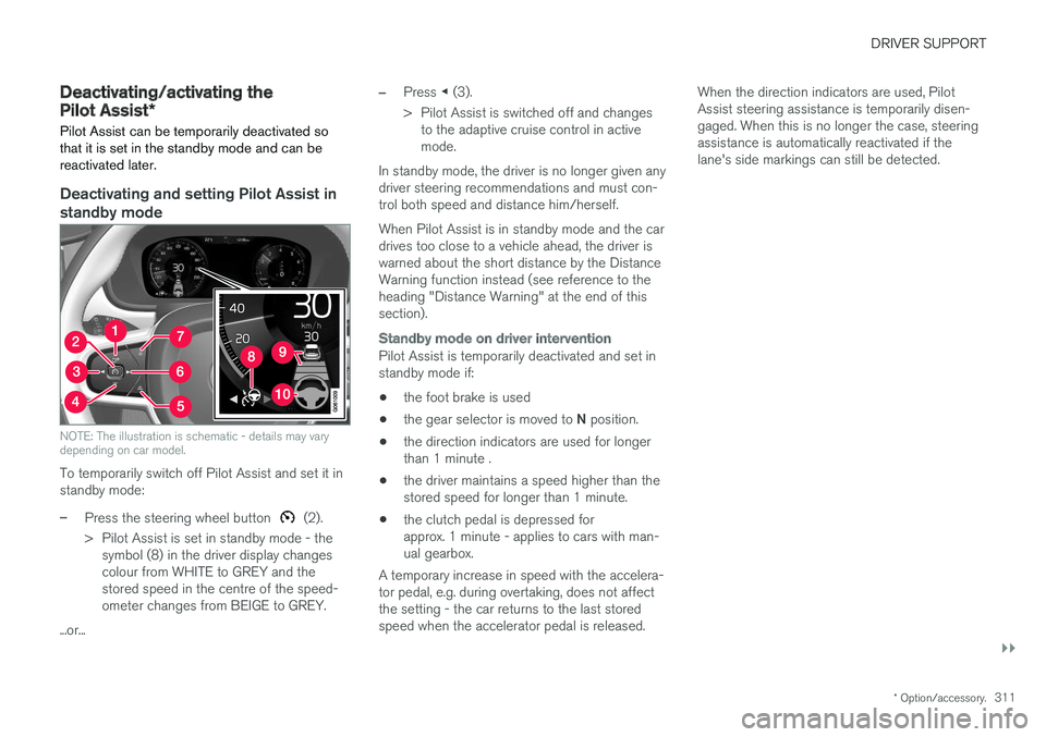 VOLVO V90 2017 Owners Manual DRIVER SUPPORT
}}
* Option/accessory.311
Deactivating/activating the Pilot Assist*
Pilot Assist can be temporarily deactivated so that it is set in the standby mode and can bereactivated later.
Deacti VOLVO V90 2017 Owners Manual DRIVER SUPPORT
}}
* Option/accessory.311
Deactivating/activating the Pilot Assist*
Pilot Assist can be temporarily deactivated so that it is set in the standby mode and can bereactivated later.
Deacti