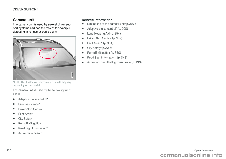 VOLVO V90 2017 Owners Manual DRIVER SUPPORT
* Option/accessory.
326
Camera unit
The camera unit is used by several driver sup- port systems and has the task of for exampledetecting lane lines or traffic signs.
NOTE: The illustrat VOLVO V90 2017 Owners Manual DRIVER SUPPORT
* Option/accessory.
326
Camera unit
The camera unit is used by several driver sup- port systems and has the task of for exampledetecting lane lines or traffic signs.
NOTE: The illustrat