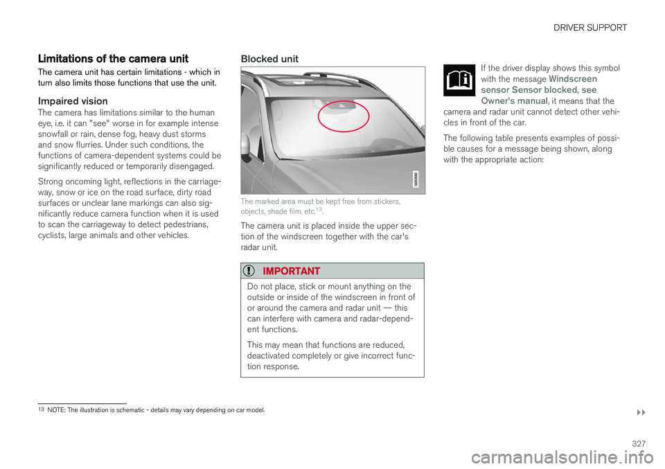 VOLVO V90 2017 Owners Manual DRIVER SUPPORT
}}
327
Limitations of the camera unit
The camera unit has certain limitations - which in turn also limits those functions that use the unit.
Impaired visionThe camera has limitations si VOLVO V90 2017 Owners Manual DRIVER SUPPORT
}}
327
Limitations of the camera unit
The camera unit has certain limitations - which in turn also limits those functions that use the unit.
Impaired visionThe camera has limitations si