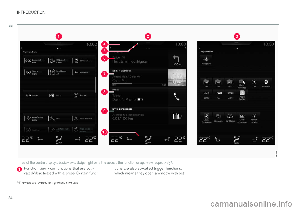 VOLVO V90 2017 Owners Guide ||
INTRODUCTION
34
Three of the centre display's basic views. Swipe right or left to access the function or app view respectively8
.
Function view - car functions that are acti- vated/deactivated 