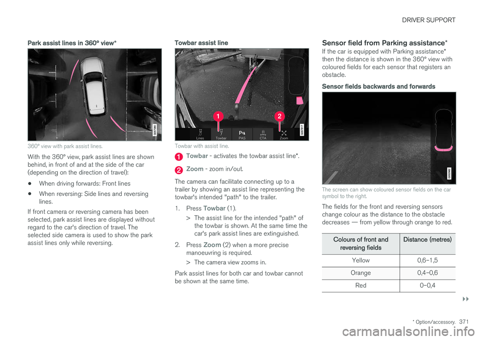 VOLVO V90 2017 Owners Manual DRIVER SUPPORT
}}
* Option/accessory.371
Park assist lines in 360° view *
360° view with park assist lines.
With the 360° view, park assist lines are shown behind, in front of and at the side of th VOLVO V90 2017 Owners Manual DRIVER SUPPORT
}}
* Option/accessory.371
Park assist lines in 360° view *
360° view with park assist lines.
With the 360° view, park assist lines are shown behind, in front of and at the side of th