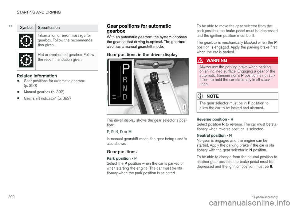 VOLVO V90 2017  Owners Manual ||
STARTING AND DRIVING
* Option/accessory.
390
Symbol Specification
Information or error message for gearbox. Follow the recommenda-tion given.
Hot or overheated gearbox. Follow the recommendation gi